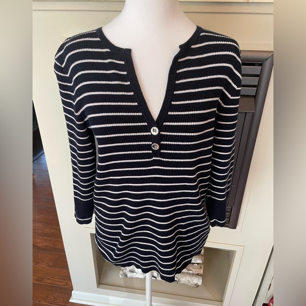 Lauren Ralph Black and White Knit Tunic Length Striped Top or Sweater Medium